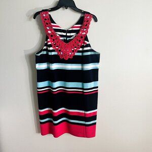 Crown & Ivy - Pink, Blue, Black & White Striped Sleeveless Dress - L